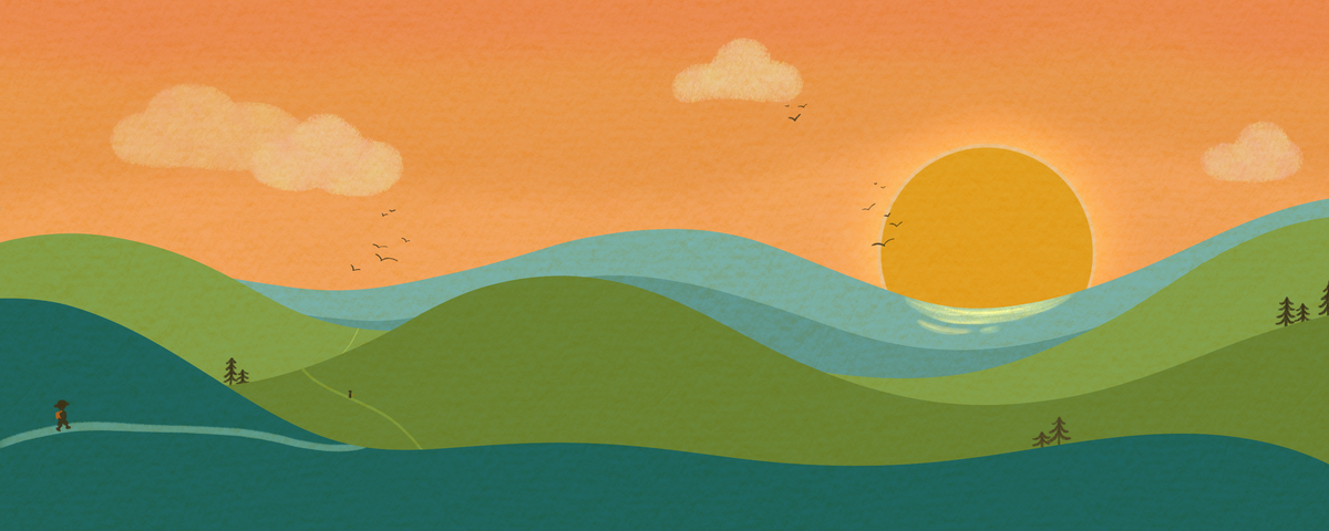 Illustrated sunset over rolling green hills, a winding path with a small hiker, pine trees and birds against an orange sky.